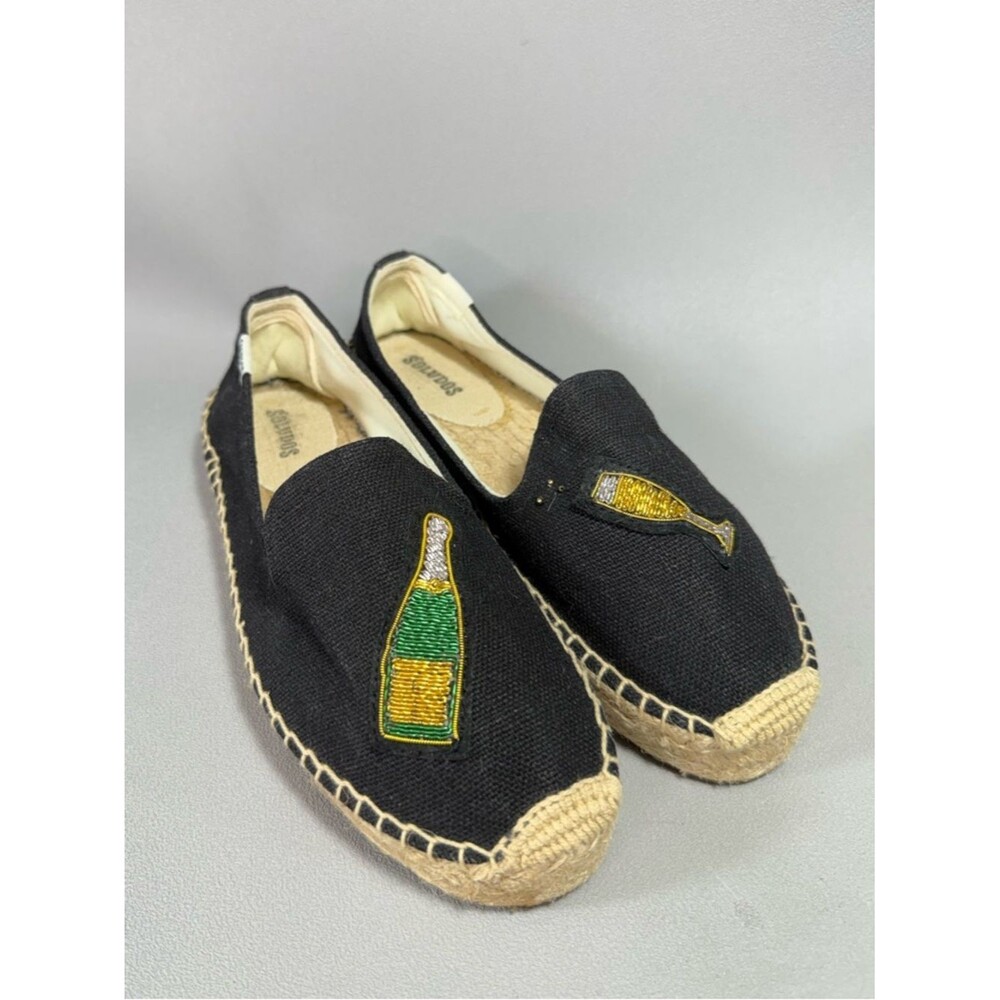 Soludos Black Espadrille Cheers Smoking Slippers Embroidered Champagne Motif
